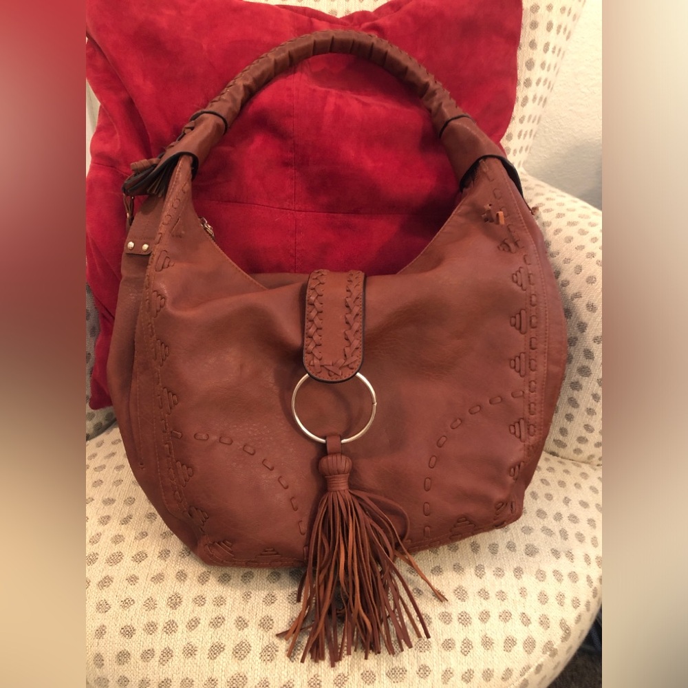 Big Buddha Rich Brown Faux Leather Braided Large Hobo Bag Excellent Condition
